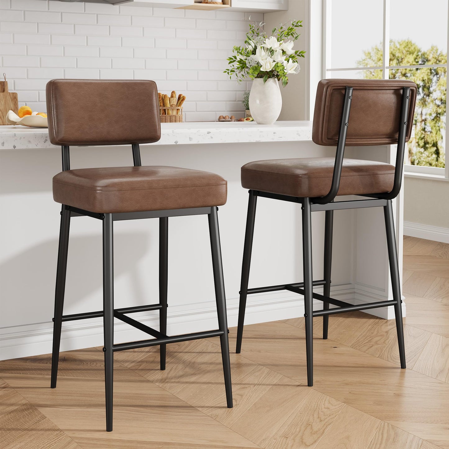 GarveeHome Bar Stools Set of 4, 26" Brown Faux Leather Counter Height Bar Stools with Backs, Modern Upholstered Barstool Chairs with Metal Legs for Kitchen Island, Home Bar, Dining Room