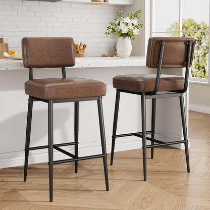 GarveeHome Bar Stools Set of 4, 26" Brown Faux Leather Counter Height Bar Stools with Backs, Modern Upholstered Barstool Chairs with Metal Legs for Kitchen Island, Home Bar, Dining Room