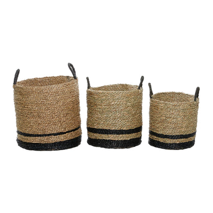 Deco 79 Seagrass Handmade Decorative and Functional Storage Basket Two-Toned Brown Basket Organizer with Handles, Set of 3 Basket for Storage 18", 17", 14"H, Black