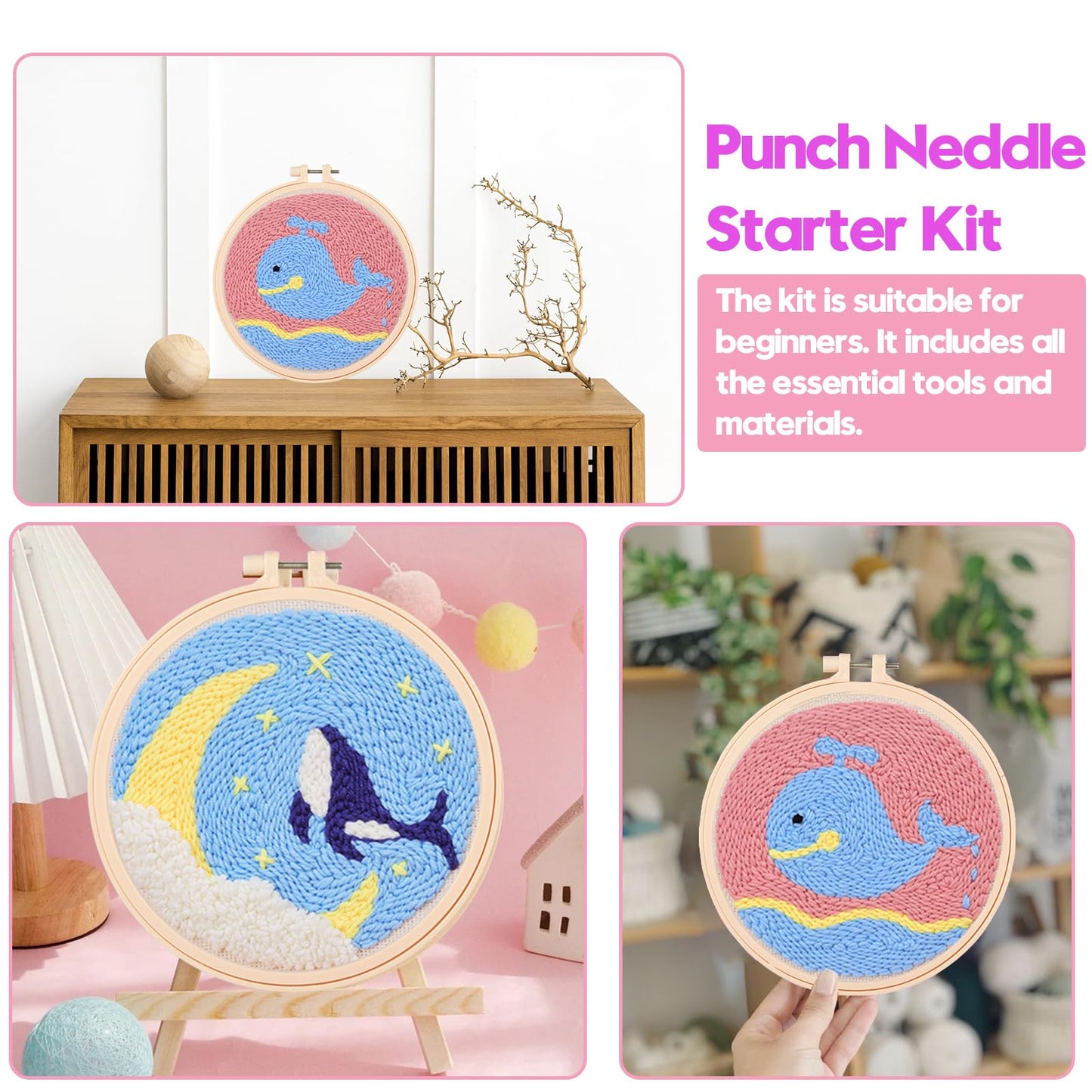 Cheloment 2 Sets Punch Needle Kits with 5mm/3.5mm Punch Needle,Fabric,Threader, Yarns and Hoops Embroidery Starter Kit for Adults Beginner, Perfect for DIY Craft and Decoration (Dolphin&Whale)