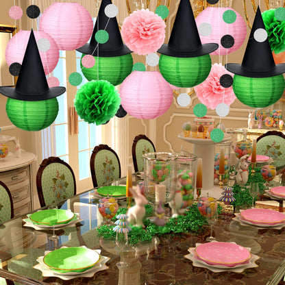 Rossesay Witch Theme Birthday Decor 10 Inch DIY Pink and Green Paper Lanterns Witch Hats Party Supplies Hanging Pom Poms Hats Princess Theme Garland for Enchanted Birthday Cosplay Fantasy Celebrations