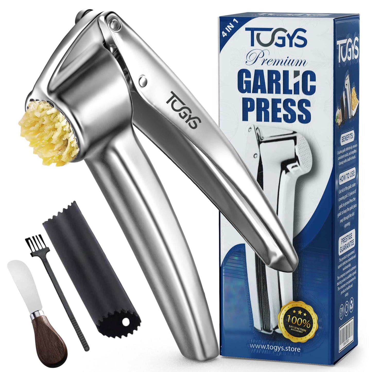 TOGYS Heavy Duty Stainless Steel Garlic Press - Professional Grade Garlic Mincer & Crusher with Ergonomic Soft Grip Handle, Dishwasher Safe, Rust-Proof - Easy to Clean Kitchen Gadget for Cooking