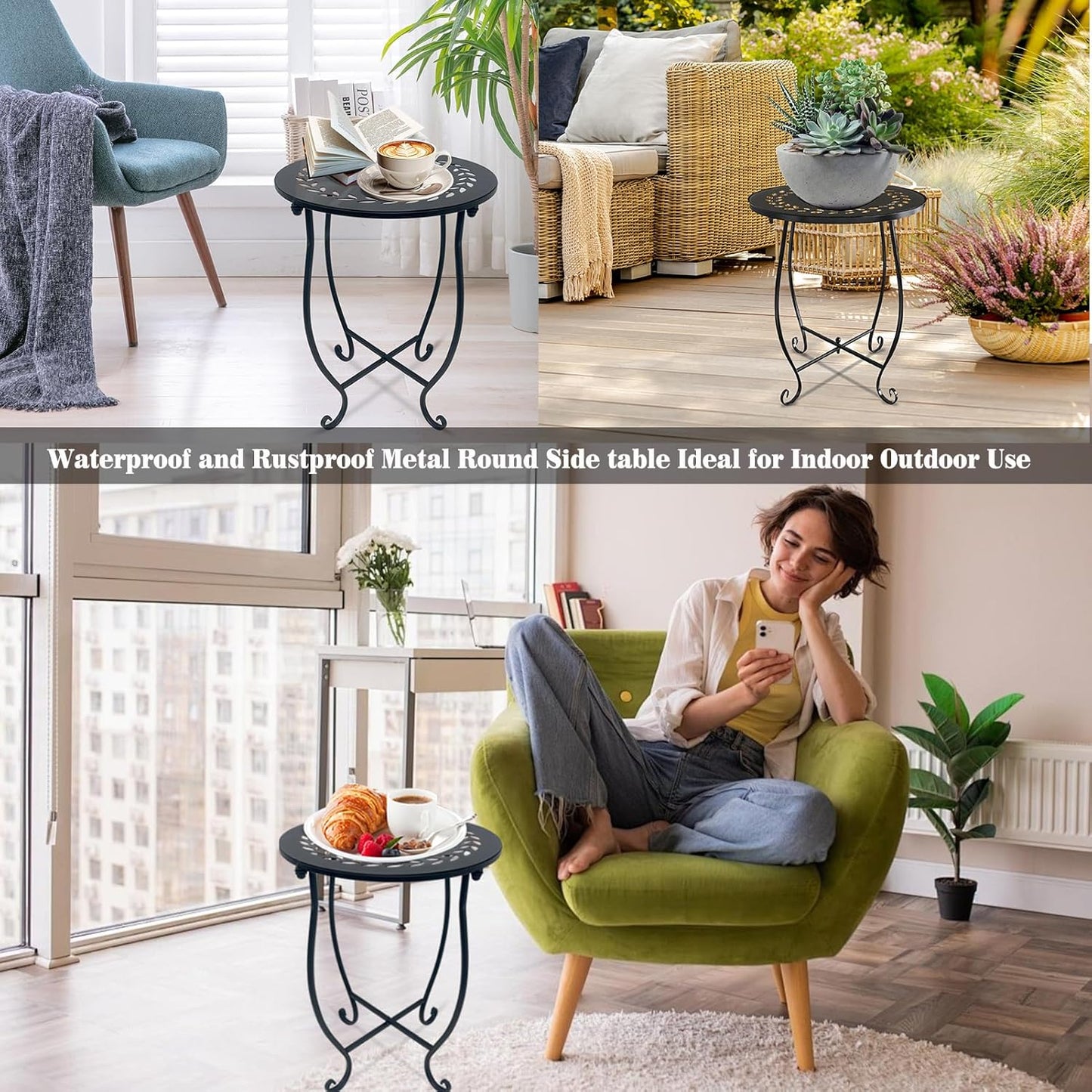 Aonagi 1 Pack 14 Inch Round Side Table, Bedside Table for Living Room, Bedroom, Weather Resistant Black Metal Outdoor