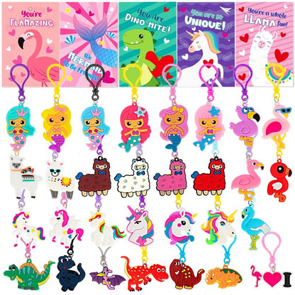 Gloween 30 Pack Valentines Day Cards for Kids, Cute Dinosaur Flamingo Mermaid Llama Unicorn Keychains, Great Classroom/Class Exchange Prizes Valentine Party Favors Gifts for Boys Girls
