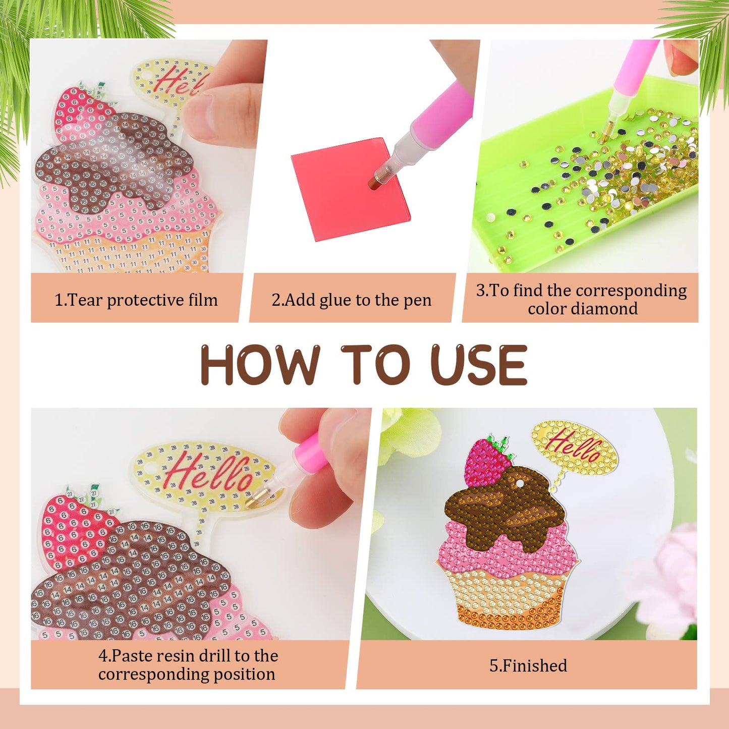 Estune 15 Pieces Summer Diamond Painting Keychain Kits 5d Ice Cream Diamond Art Keychains DIY Painting Kit Summer Hanging Diamond Art Kits Diamond Art for DIY Crafts