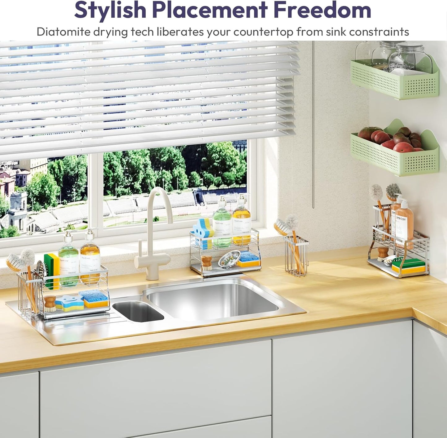 2 Countertop, SWTYMIKI Kitchen Sink Caddy Organizer, Tier Sponge Holder for Kitchen Sink with Instant Drying Stone