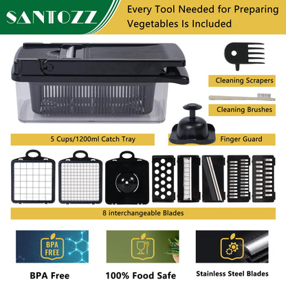 SANTOZZ Multifunctional Vegetable Chopper with Container, Vegetable Cutter with Interchangeable Blades, Onion Slicer, Garlic Grinder, Dicer for Potato, Carrot Chopper