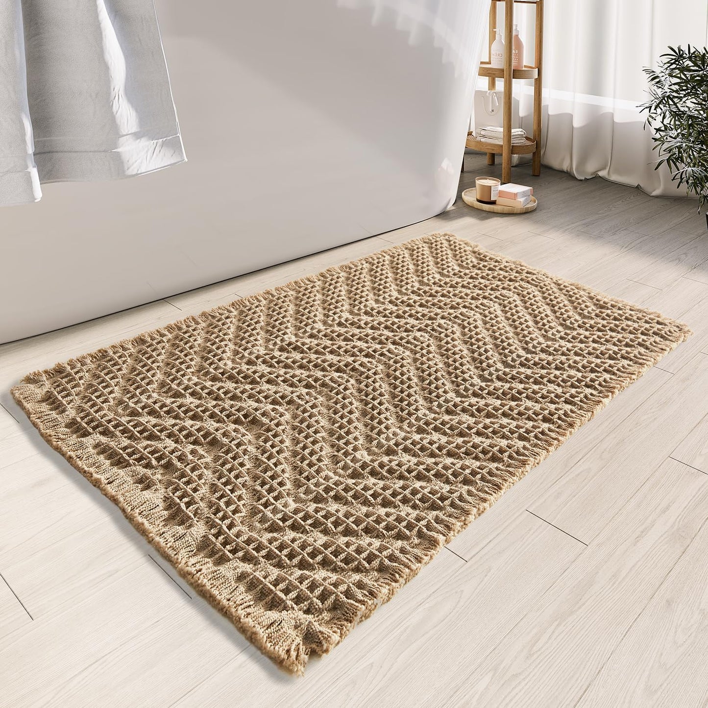 Boho Bathroom Floor Mat, Super Absorbent Non-Slip Washable Bath Mat, Quick Dry Shower Mats, Brown, 18"*30"