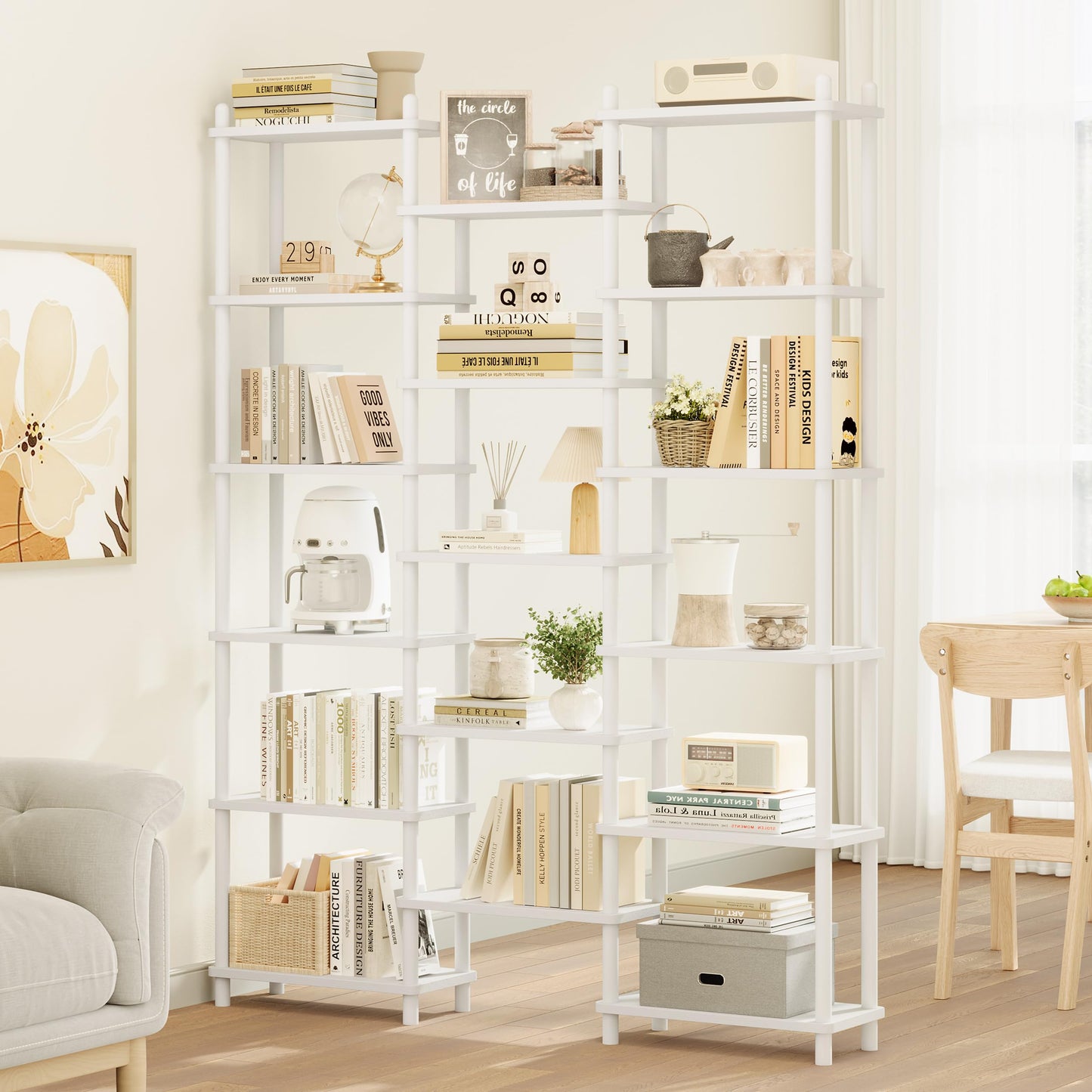 IOTXY Wooden Triple Wide Bookshelf - 6-Tier Large Shelf Bookcase with Solid Beech Frame, Tall Freestanding Open Etagere Display Rack for Home Office, White