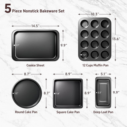 CasaCulina Baking Pans Set, 5-Piece Nonstick Bakeware Sets with Round/Square Cake Pan, Muffin Loaf Roast Pan, Baking Sheets for Oven, Kitchen Cookware Sets Baking Tray Baking Supplies, Black