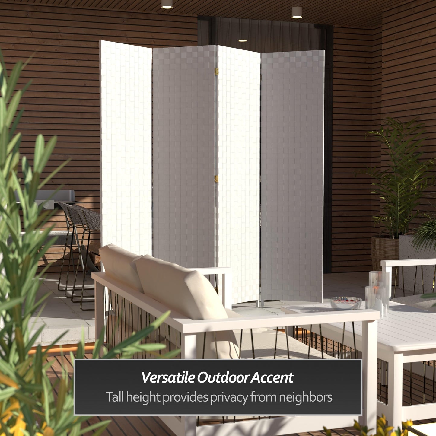 Red Lantern 6 ft. Tall Woven Fiber Outdoor All Weather Room Divider - 4 Panel - White