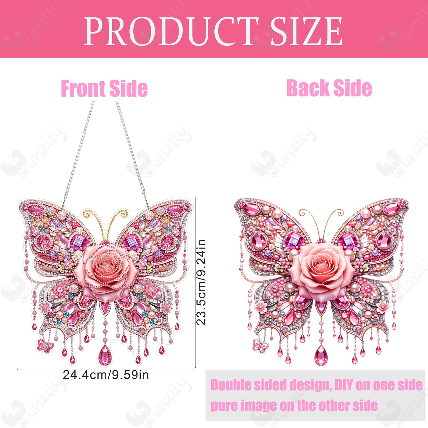 Yunzlly DIY Hanging Diamond Art Pendant Kit, Special Crystal Double Sided Diamonds Painting Ornament Kit for Adults, Acrylic Gem Painting Board for Window&Door&Wall (Pink Butterfly)