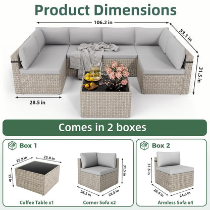 PATIOPIA 7-Piece Outdoor Sectional Sofa Set, Weather-Resistant Patio Furniture Set with Washable Cushions and Coffee Table, Grey Rattan Patio Conversation Set for Poolside, Backyard, Deck (Grey)