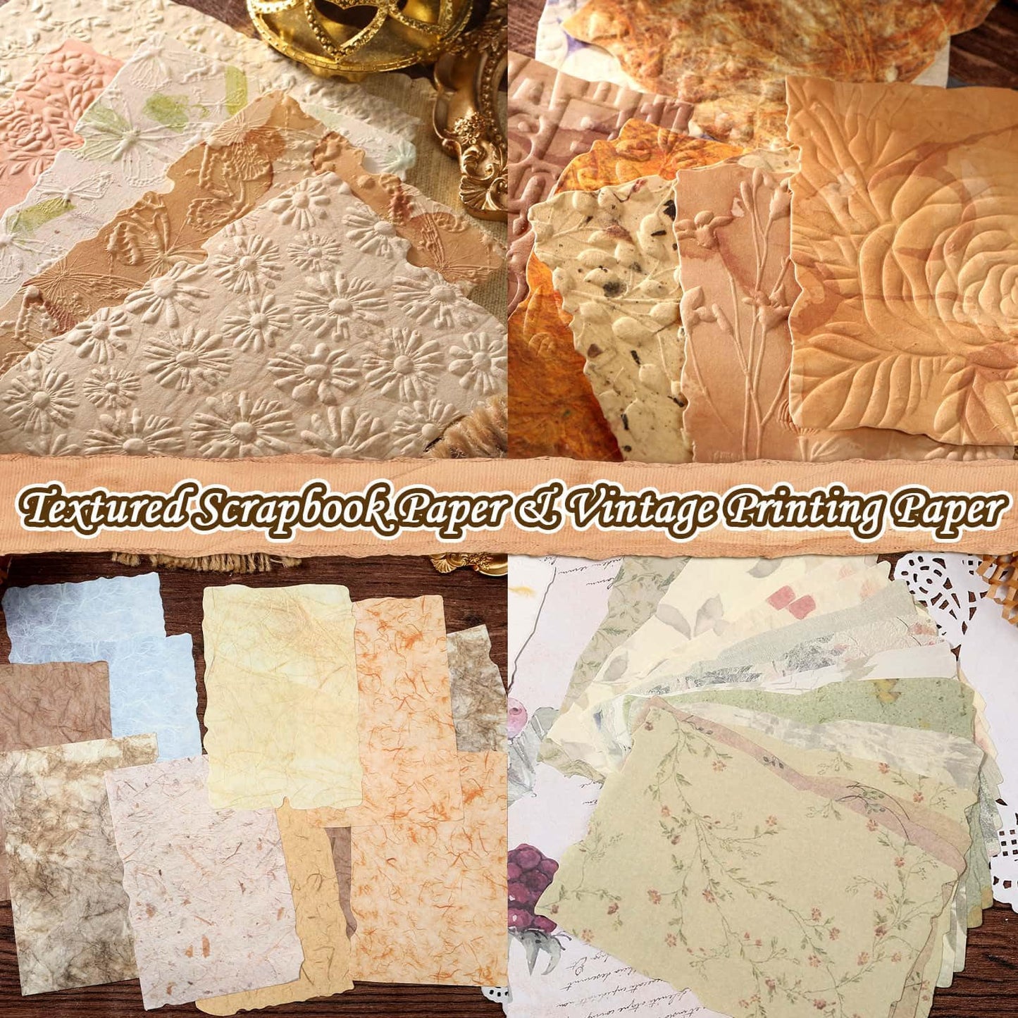 226 Sheets Vintage Scrapbook Paper Kit with Photo Tapes, Textured Scrapbooking Supplies Craft Paper for Junk Journal Supplies Planner Mixed Collage Materials Embellishments