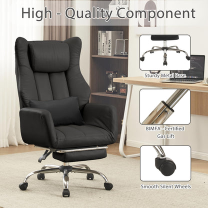 Ergonomic Cloud Cross Legged Office Chair with Footrest,Leather Big and Tall Executive Chair with Wheels,Reversible Armrest,155° Reclining Computer Wide Desk Chair for Home,Office (Black)