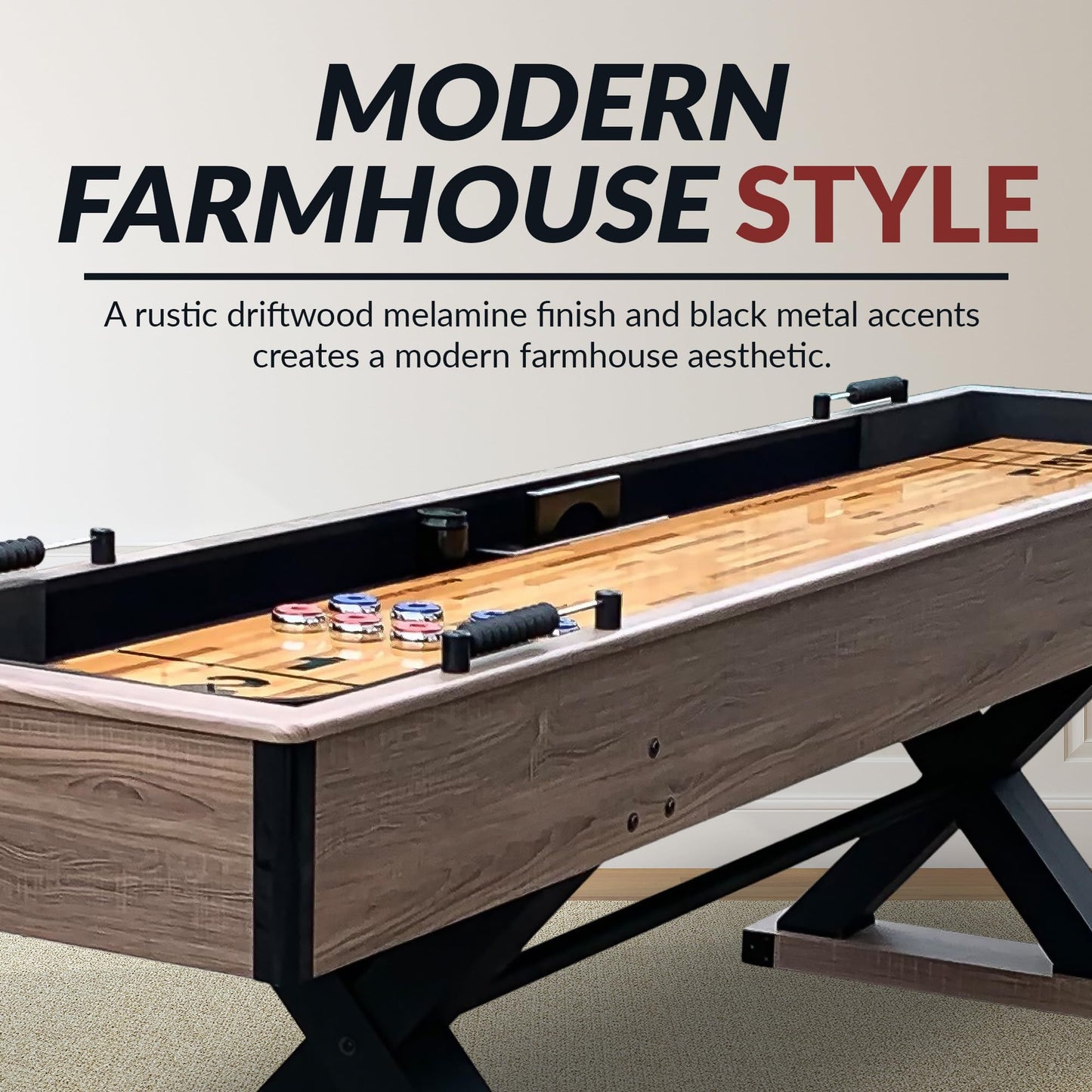 Hathaway Excalibur 9-Ft Shuffleboard Table for Great for Family Recreation Game Rooms, Designed with a Rustic Driftwood Finish with Built-In Leg Levelers, Includes 8 Pucks, Table Brush and Wax