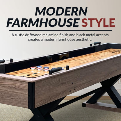 Hathaway Excalibur 9-Ft Shuffleboard Table for Great for Family Recreation Game Rooms, Designed with a Rustic Driftwood Finish with Built-In Leg Levelers, Includes 8 Pucks, Table Brush and Wax