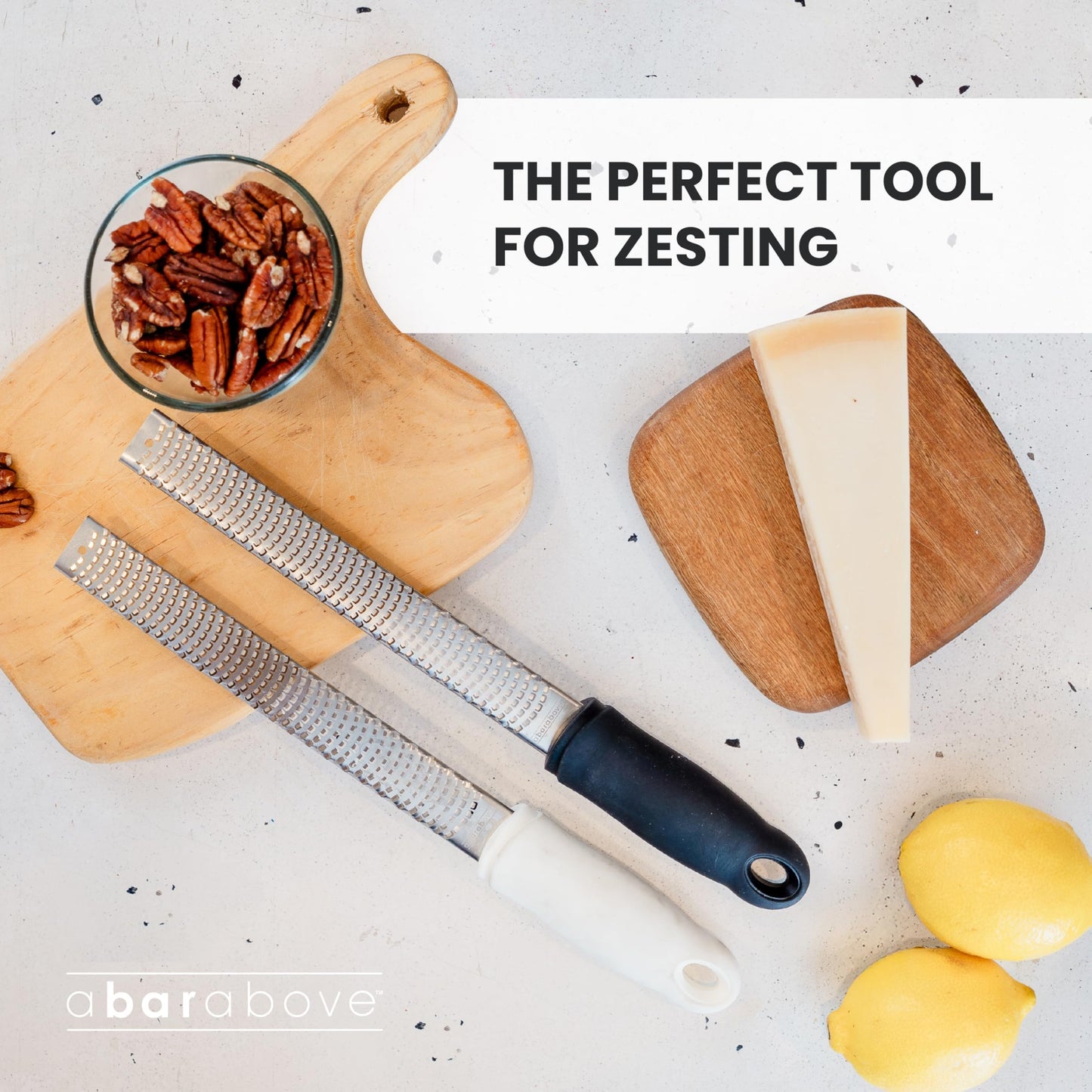 A Bar Above Lemon Zester and Cheese Grater, Professional 12 Inch Stainless Steel Hand Grater for Citrus, Parmesan, Ginger, Chocolate, Ergonomic Handle, Dishwasher Safe, Perfect Kitchen Gadget, Black