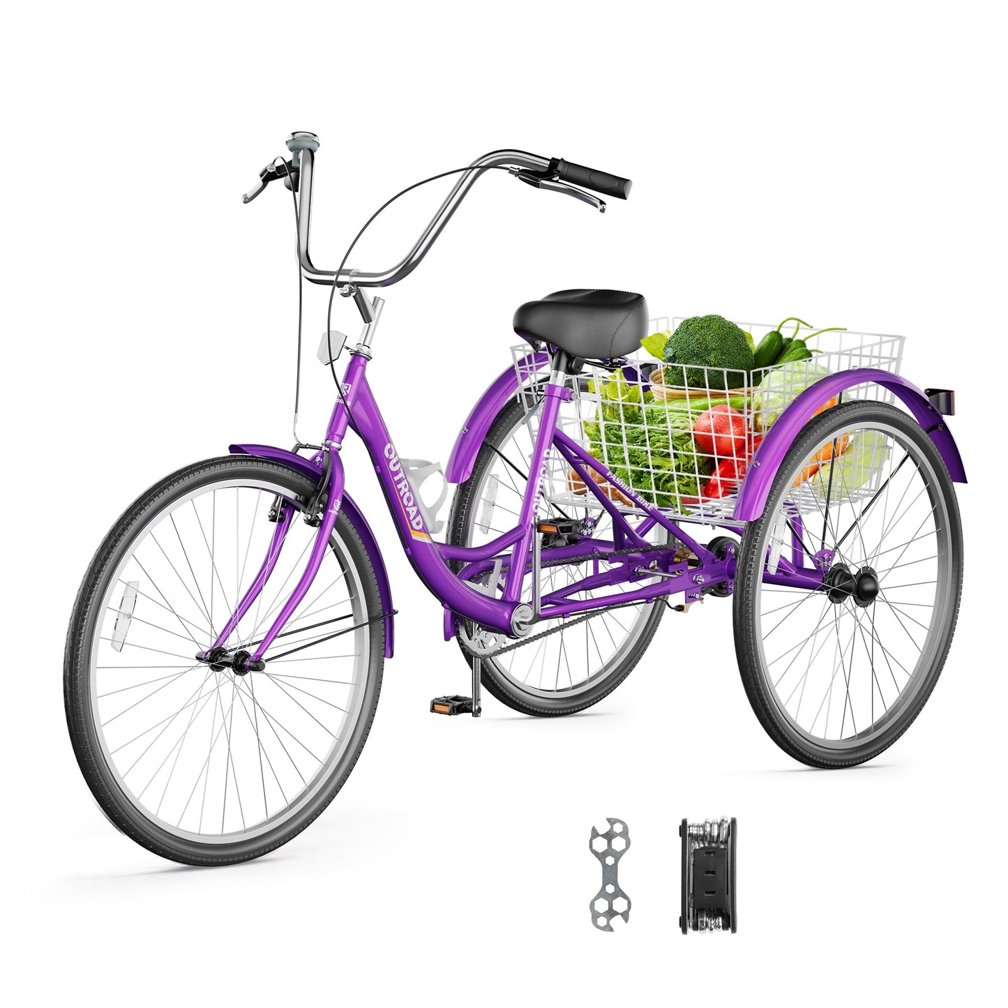 MarKnig Adult Tricycle, 24 Inch 3 Wheel Bikes with Large Basket, Cruiser Bike for Women/Men/Seniors, Adult Trike for Outdoor/Shopping/Recreation/Picnic (Purple)