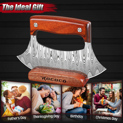 ROCOCO Pizza Cutter Ulu Knife – Full Tang Mezzaluna Rocker Knife with Wood Block for Kitchen Birthday Gifts for Men Women