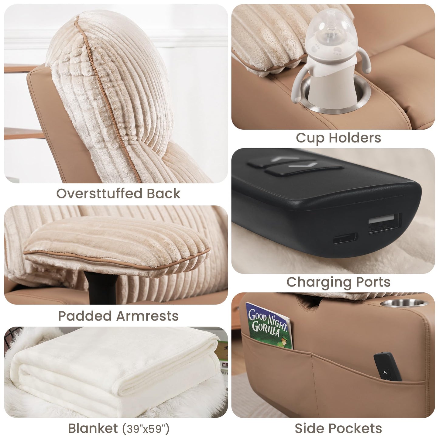 GRAINELL Rocking Chair Nursery, Electric Swivel Recliner Glider with Adjustable Armrests, Nursing Chair with USB Charger, Cup & Blanket Holders, Brown Corduroy & PU Leather
