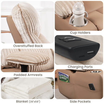 GRAINELL Rocking Chair Nursery, Electric Swivel Recliner Glider with Adjustable Armrests, Nursing Chair with USB Charger, Cup & Blanket Holders, Brown Corduroy & PU Leather