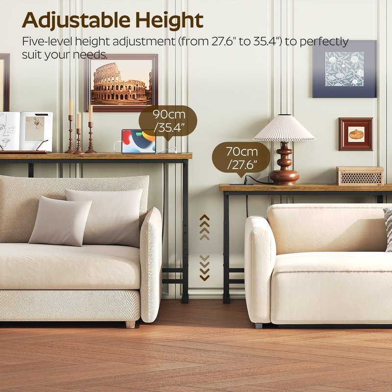 YATINEY 70.9" Console Table with Adjustable Height (27.6"-35.4") and Power Outlet, Skinny Behind Couch Table, Narrow Long Sofa Table for Living Room, Hallway, Entryway, Rustic Brown and Black CT08UBR