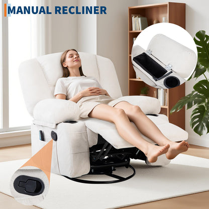 GarveeHome Oversized Wide Recliner Chair-Heat and Vibration Massage, 360° Swivel Rocker Chair for Adults,Chenille Fabric Manual Recliner with Cup Holders & Side Pocket for Living Room, Bedroom,White