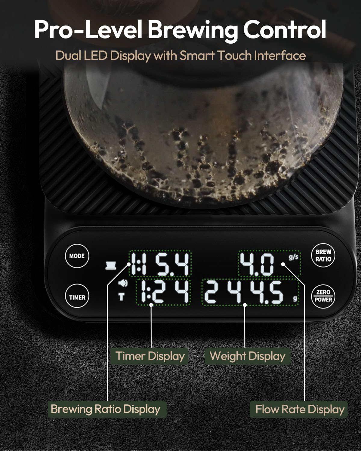 Maestri House S3 Coffee Scale with Timer, 3kg/0.1g Rechargeable Digital Scale, 3 Brew Modes, Adjustable Ratios & Flow Rate Display, Barista-Grade for Pour-Over, Espresso, French Press – Black