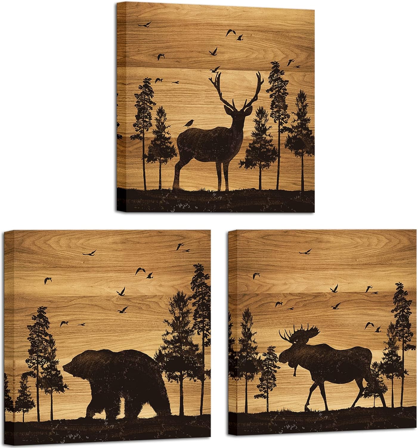 12"x12"x3 Apicoture Bear Elk Moose Wall Pictures Forest Landscape Hunting Theme Woodland Animal Painting Framed Canvas