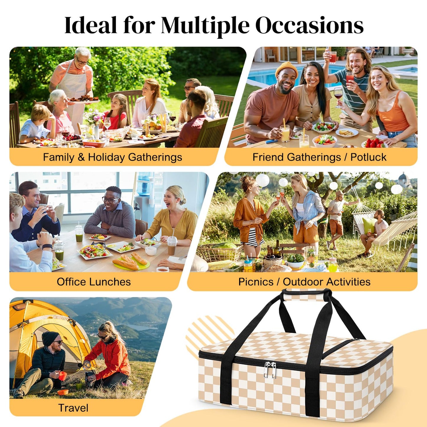 Coobiiya Insulated Casserole Carrier,Lasagna Lugger Tote Keeps Food Hot or Cold,Thermal Lunch Bag Warmer & Cooler Carrier Bag,Portable Tote Bag Fits 9" x 13" Baking Dish for Picnic and Cookout