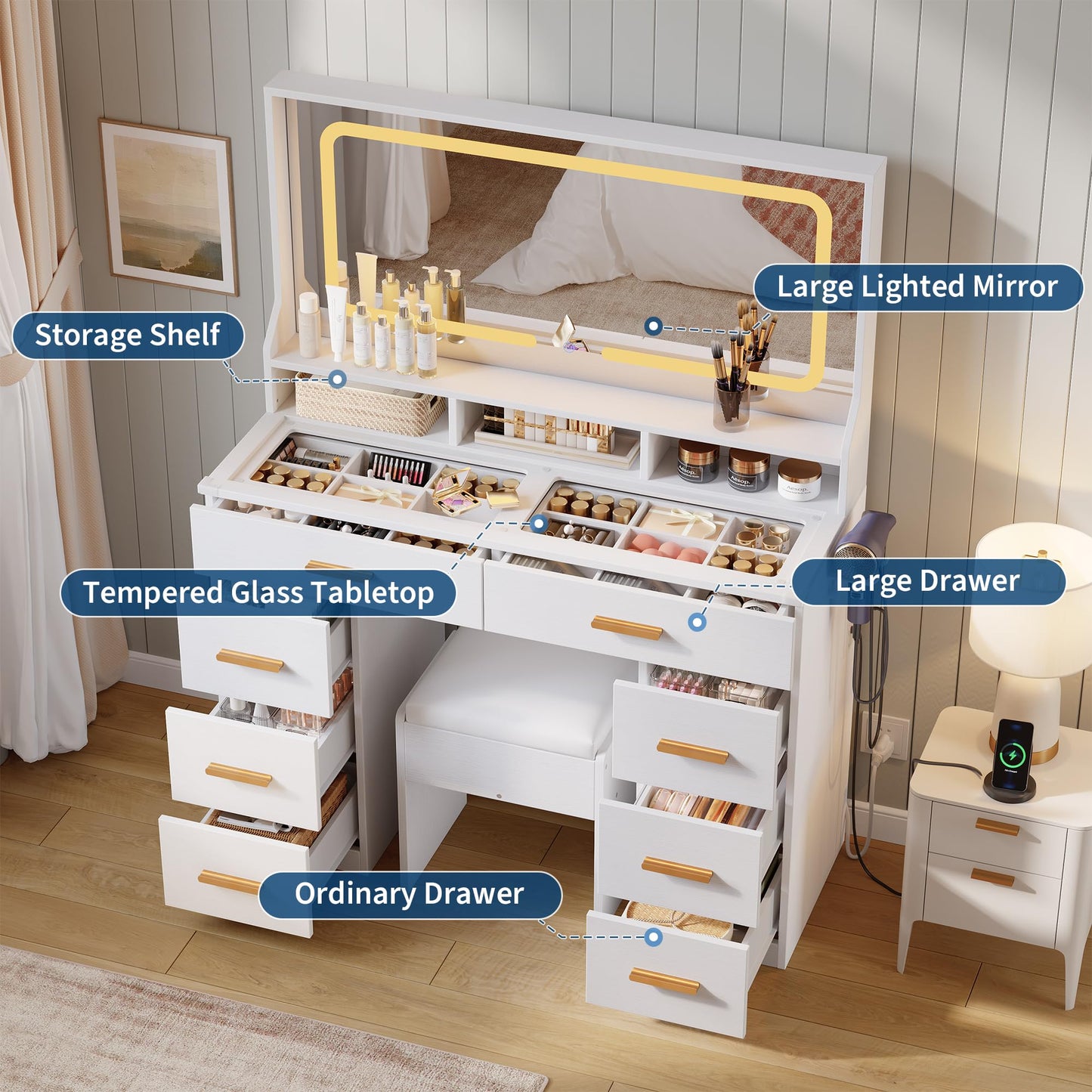 GAOMON Makeup Vanity Desk with Large Lighted Mirror, Vanity Desk with Glass Tabletop, 8 Drawers & 3 Storage Shelves, Vanity Set with Built-in Power Outlet for Bedroom & Dressing Area, White