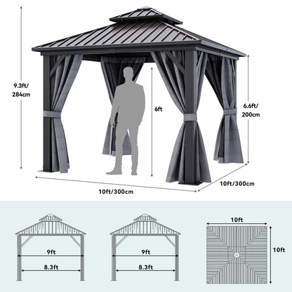 YITAHOME 10X10FT Hard Top Metal Gazebo Patios Double Roof Canopy Aluminum Frame Garden Gazebo Tent Curtains Netting for Patios Backyards Decks Lawns Gray