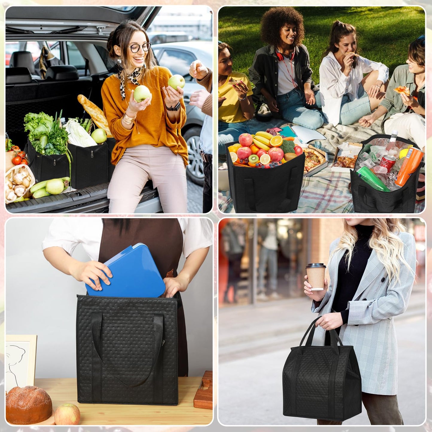 VZZNN 20 Pack Insulated Grocery Bags Bulk, Reusable Shopping Bags with Sturdy Zipper & Handles, Large Foldable Washable Thermal Cooler Totes for Hot Cold Food Transport, Travel & Lunch(Black)