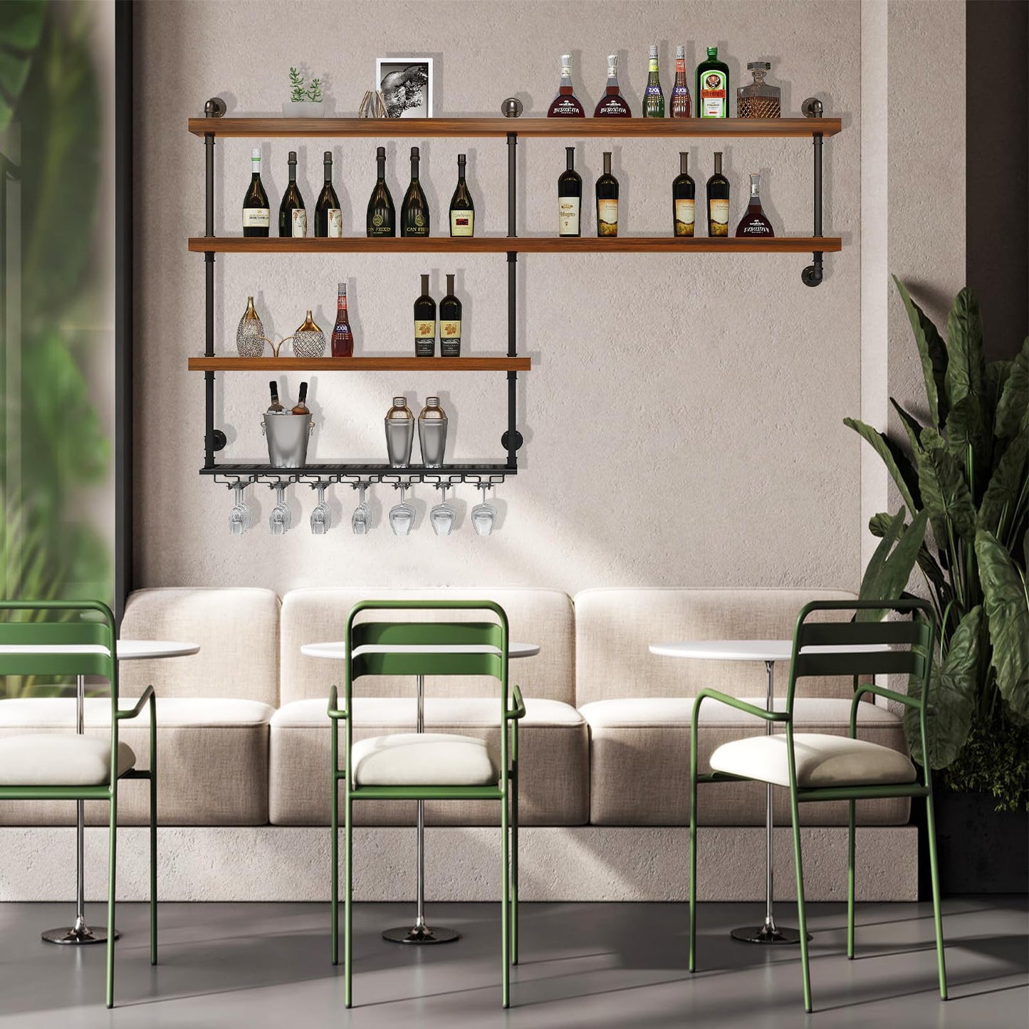 TAUODUYY 51.1in Large Wine Rack with LED Light, 4 Tiers Solid Wood Wall Mounted Wine Rack, Industrial Liquor Bottles Floating Shelves with Glass Holder for Home Bar/Dining Room (51.1in/130cm)