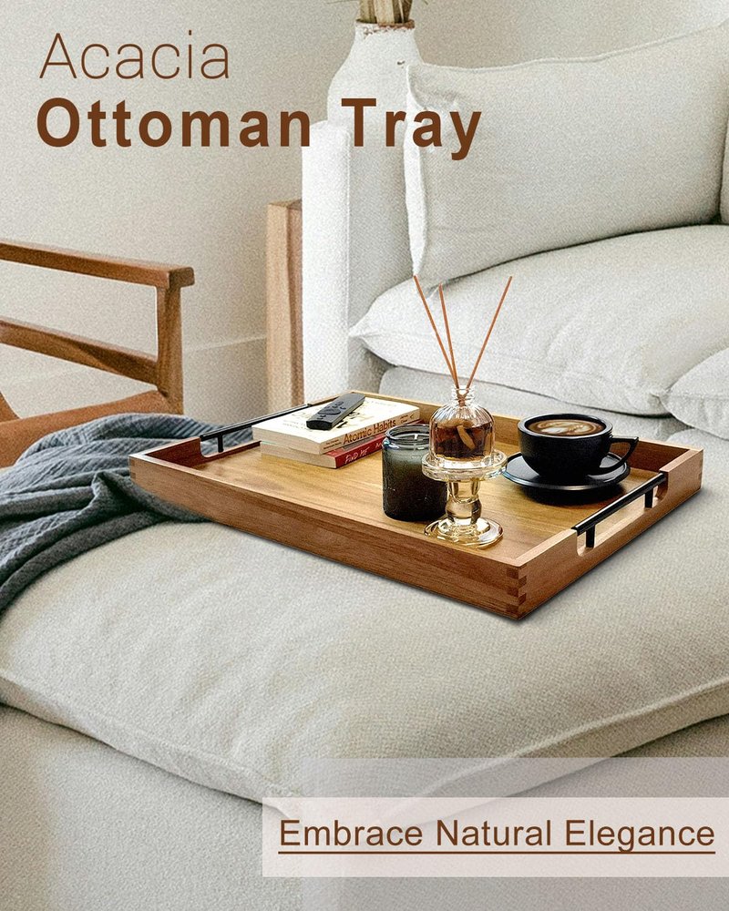 OurMiao 22 Inches Acacia Wood Serving Tray with Metal Handles, Large Wooden Rectangle Ottoman Tray, Decorative and Durable Design for Living Room Coffee Table Couch Kitchen