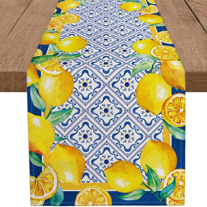 13x90 Inch Capri Blue Lemon Table Runner Italy Tile Burlap Artificial Yellow Lemon Fruit Table Runners Farmhouse Coffee