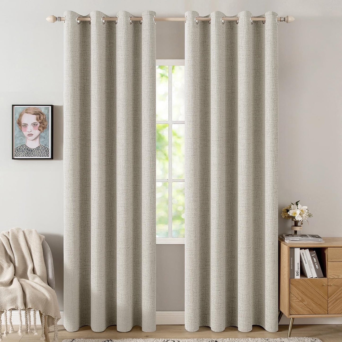 MIULEE 100% Blackout Linen Curtains - Thermal Insulated Cobblestone Grommet Drapes | 52 x 96 Inch (2 Panels)