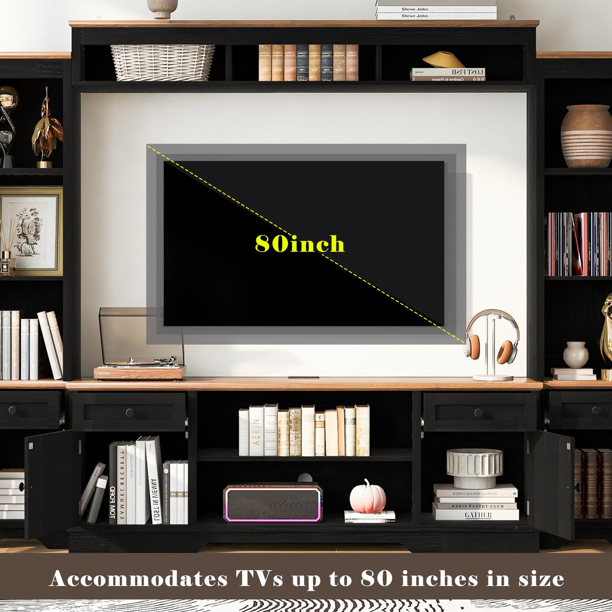 Merax 98.8" W Black Entertainment Center with Bookshelves for Living Room, Wooden Wall Unit TV Stand with Storage for TVs up to 80", Media Console with Drawers, Outlets, Cabinets & Adjustable Shelves