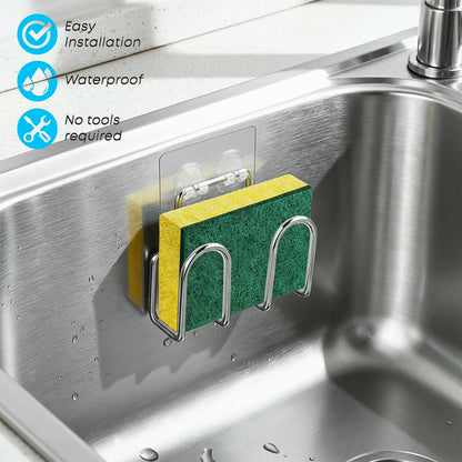 KESOL Kitchen Sponge Holder | Sink Caddy for Sponges, Scrubbers, Soap. No Drilling, Adhesive, Rustproof SUS304 Stainless Steel, Compact Kitchen Sink Accessories