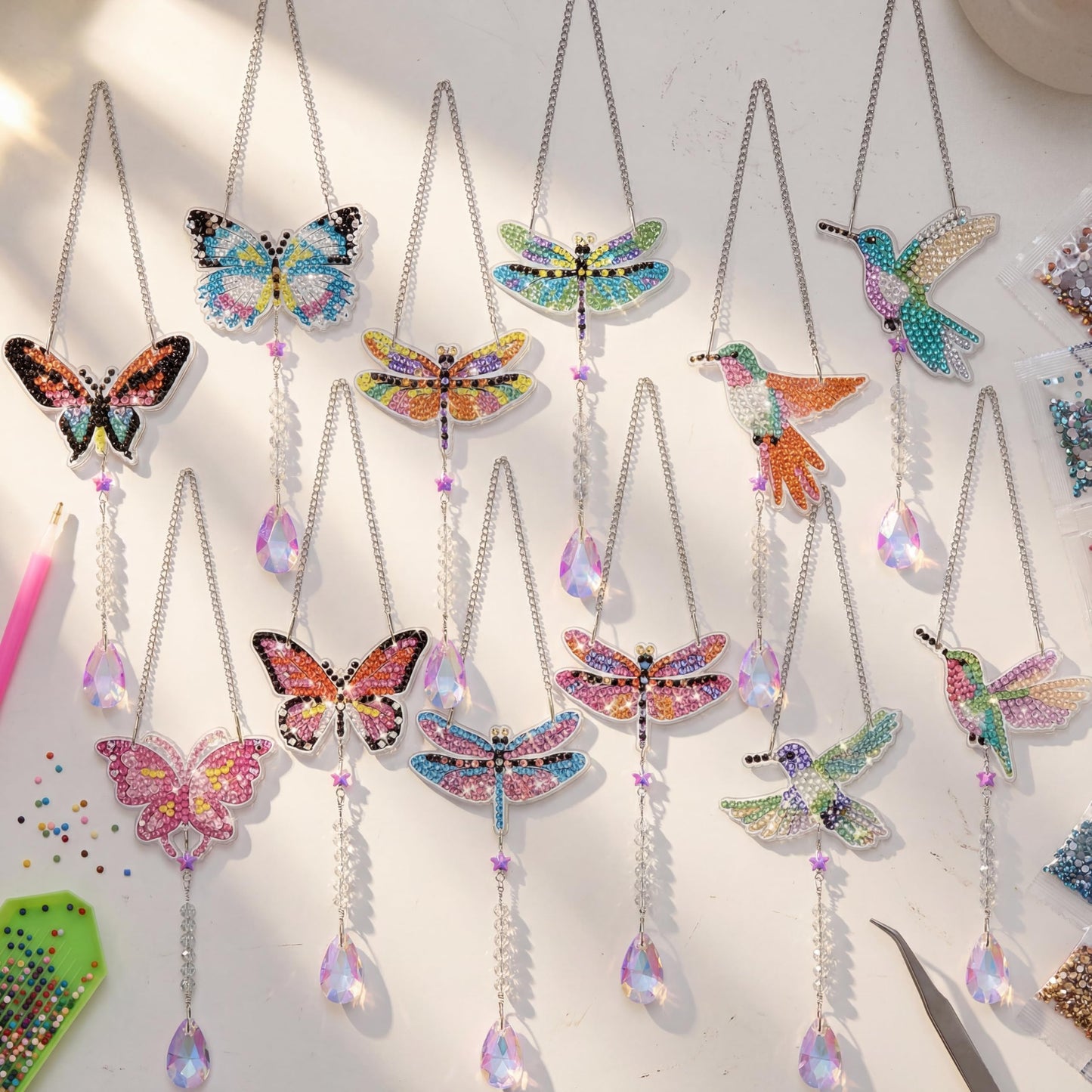 Seenelling 24 Pcs Diamond Painting Suncatcher Bulk Wind Chime Diamond Art Kits DIY Crafts with Crystal Pendant for Summer Spring Adult Window Garden Home Party Gift(Butterfly Dragonfly Bird)