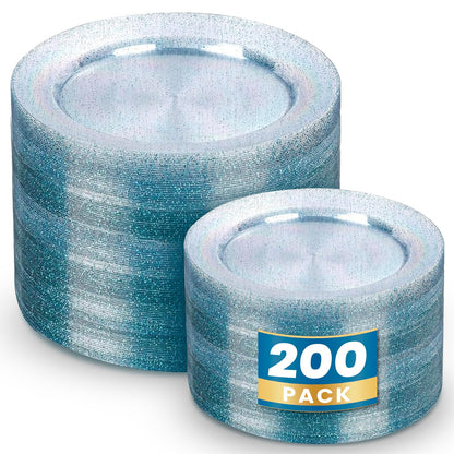 WDF 200PCS Blue Plastic Plates - Blue Glitter Plastic Plates - Heavy Duty Disposable Plates - Include 100 Dinner Plates 10" and 100 Dessert Plates 7" for Parties/Wedding/Graduation