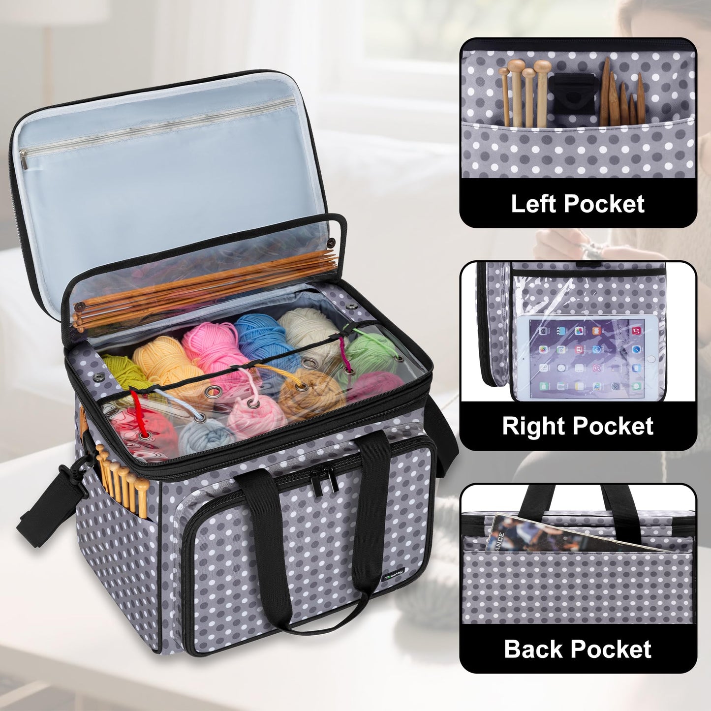 Teamoy Knitting Bag with Divider and Cover, Portable Yarn Storage Organizer for Crochet Accessories and Knitting Needles,Ideal for Knitting Enthusiasts, Gray Dots