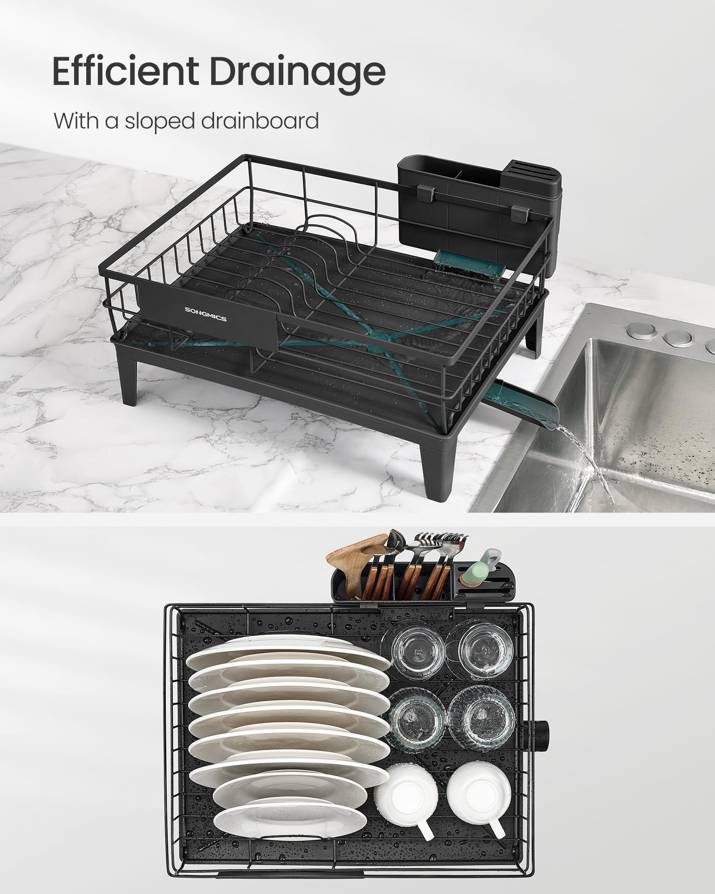 SONGMICS Dish Drying Rack, Kitchen Dish Rack with Drainboard, 360° Rotatable and Extendable Spout, with Cutlery Holder, 12.2 x 16.5 x 7.3 Inches, Ink Black UKCS550B01