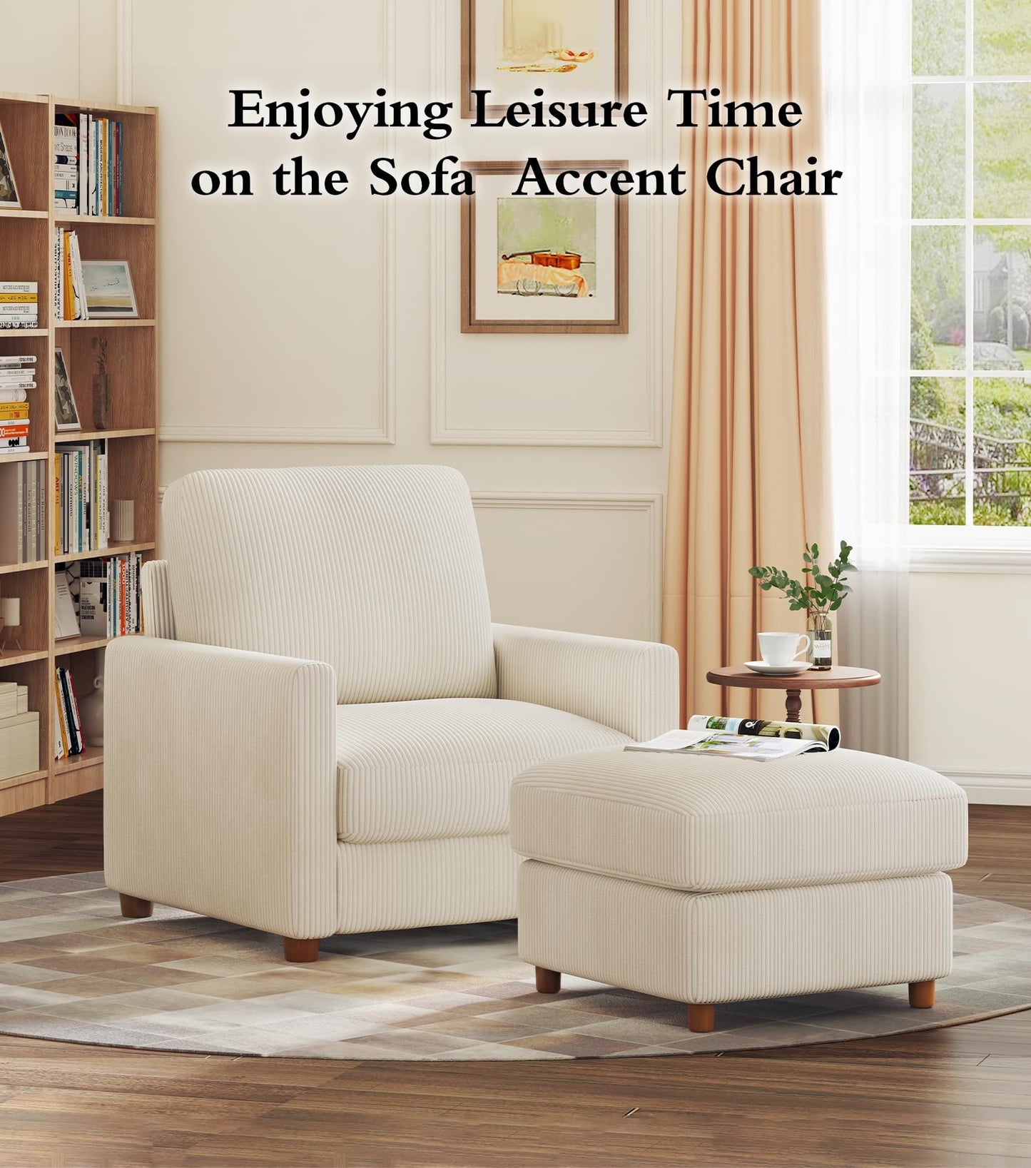 Kidirect 35.5in Oversized Accent Chair, Easy to Assemble Living Room Chairs, Corduroy Reading Chair for Bedroom, 22.5in Deeper Seats Accent Chairs for Living Room, Comfy Armchair Reading Nook, Beige