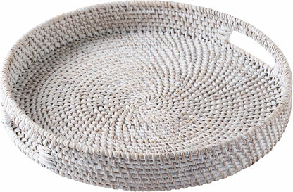 12 Counter JUNGLE CULTURE Handmade Round Wicker Tray Whitewashed Decorative Rattan Serving Basket for Coffee Table