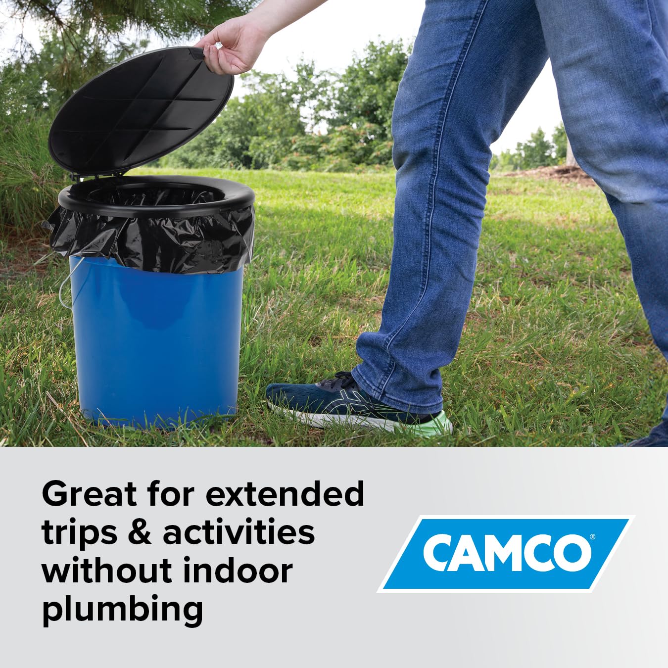 Camco Portable Toilet Bucket with Seat & Lid – 5-Gallon Camping Toilet with Bag Liners & Carry Handle – Lightweight, Easy to Clean, Durable – Ideal for Outdoor, RV, Hunting & Emergency Use (41549)