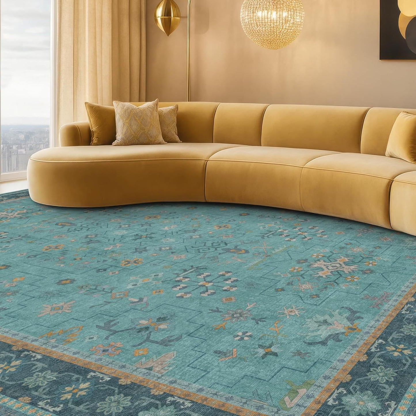 Skiennix Washable Large Teal Boho Living Room Rug - Soft Floral Area Rug, Non-Slip & Stain Resistant, 10x12 ft