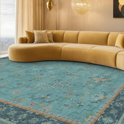 Regine Switzerland Washable Large Teal Boho Living Room Rug - Soft Floral Area Rug, Non-Slip & Stain Resistant, 10x12