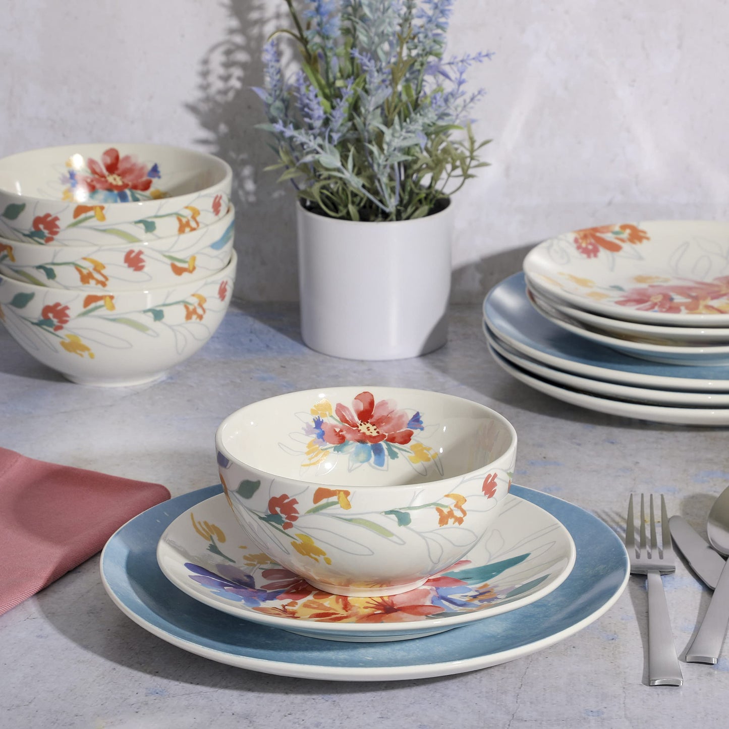 Spice by Tia Mowry Goji Blossom Decorated Porcelain Chip and Scratch Resistant Dinnerware Set, Blue, 12-Piece